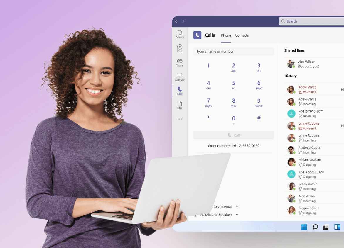 Woman using laptop against a Microsoft Teams Phone backdrop.