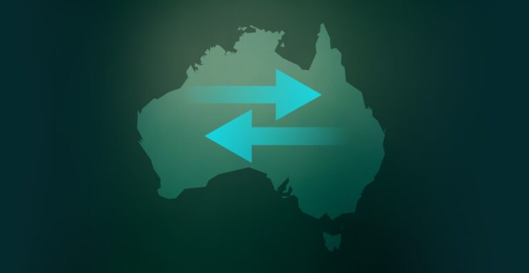 Map of Australia with arrows across the middle, symbolising relocation (people and companies moving across the land).