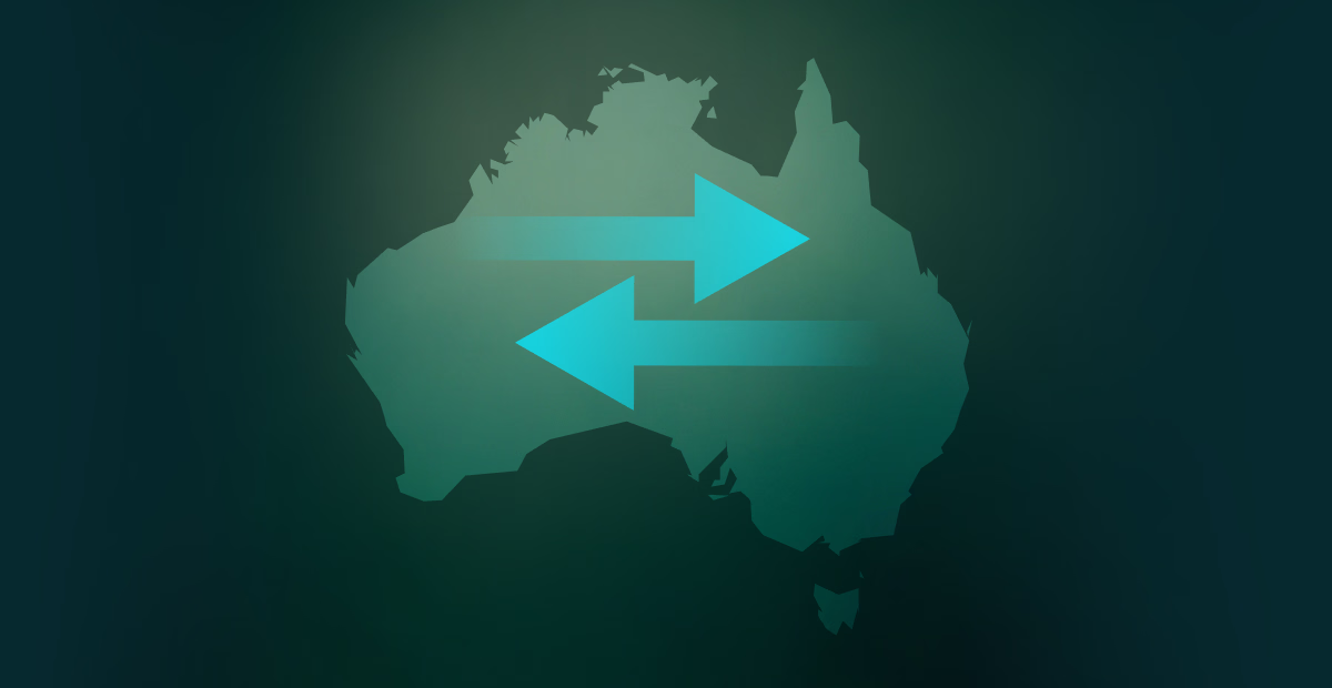 Map of Australia with arrows across the middle, symbolising relocation (people and companies moving across the land).