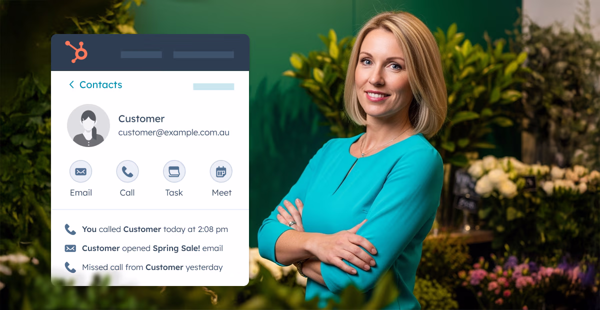 An Australian businesswoman posing in her flower shop, happy with using Hubspot.