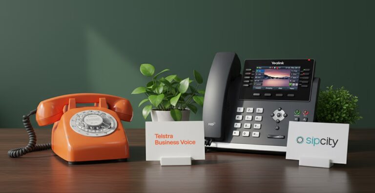An old rotary phone next to a plaque that reads “Telstra Business Voice” and a modern, VoIP-enabled desk phone next to a plaque with SIPcity's logo.