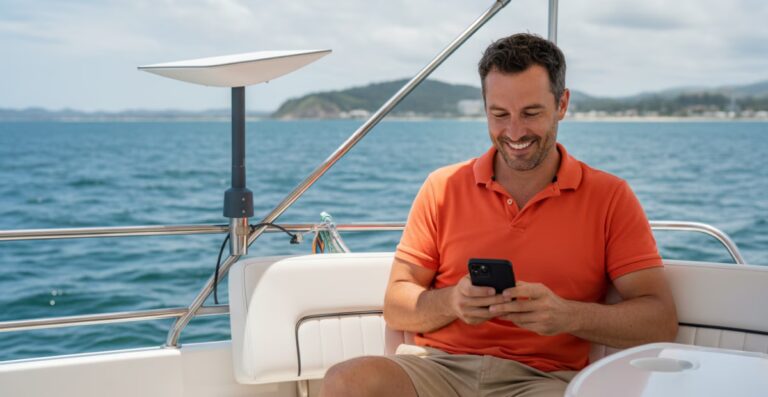 A man sits on a leisure boat, smiling as he looks at his smartphone. He is wearing an orange shirt. Behind him, mounted on the boat’s railing, is a Starlink antenna.