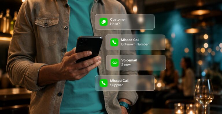 A person holding their phone at a bar after work, surrounded by glass-like bubbles showing missed business calls and customer messages, illustrating the cost of using a personal phone for business.