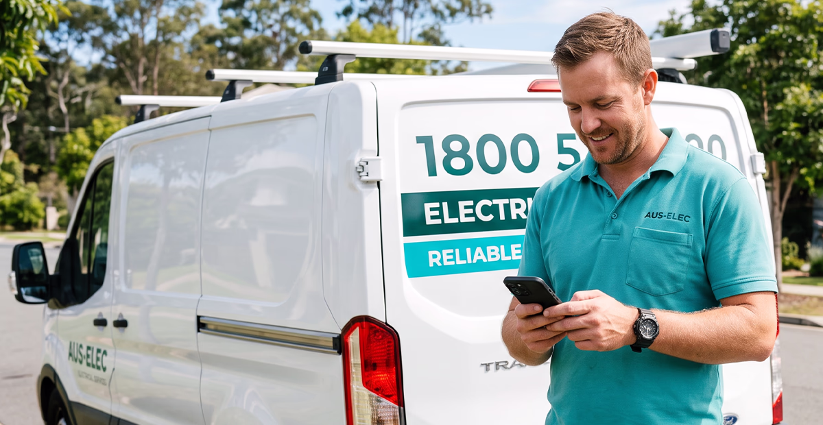 Australian tradesperson using a smartphone beside a work van displaying an 1800 smart number