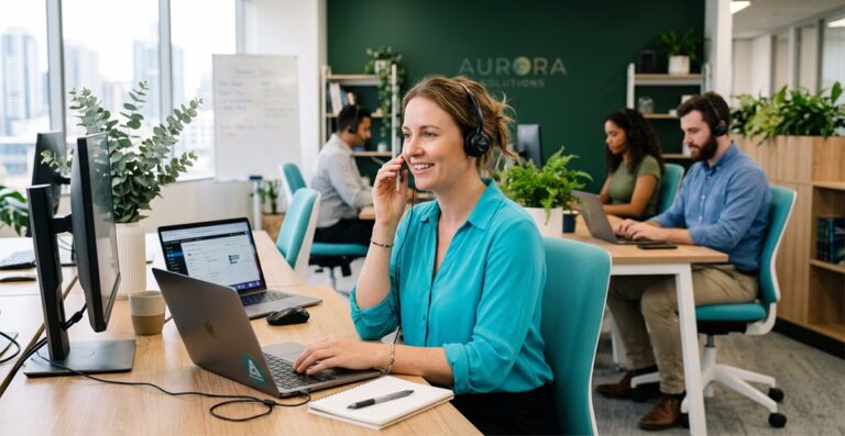 Australian small business team using VoIP headsets and laptops in a modern open-plan office