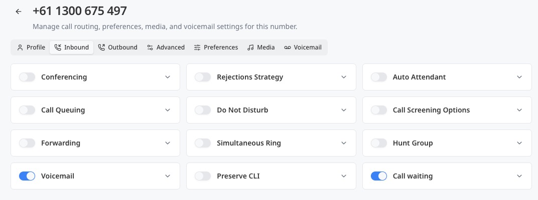 Number settings inbound calling tab