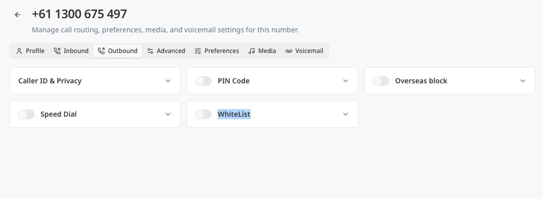 Number settings outbound calling tab