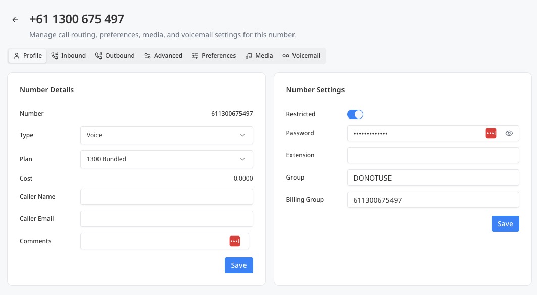 Number settings profile tab